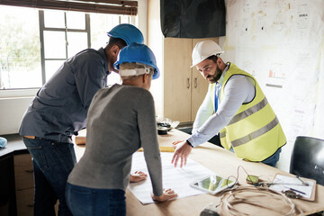 Poster - Construction workers, teamwork collaboration and blueprint planning in house, home or office building. Men, woman and building engineering people with architecture design paper documents for property