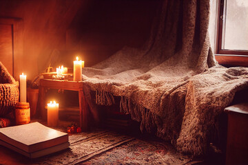 Wall Mural - Warm, cozy room interior with candles and books