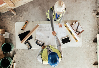 Aufkleber - Architect, handshake and thank you for construction, blueprint and collaboration on building design. Architecture, engineering and worker shake hands, welcome and b2b with floor plan and top view