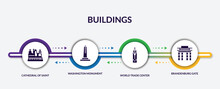 Set Of Buildings Filled Icons With Infographic Template. Flat Icons Such As Cathedral Of Saint Basil, Washington Monument, World Trade Center, Brandenburg Gate Vector.