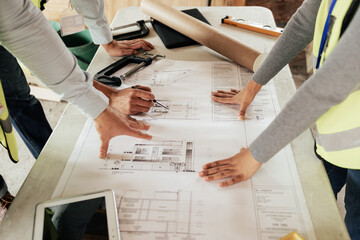 Poster - architect team planning, hands collaboration and blueprint paper, strategy and building designers wo