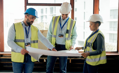 Aufkleber - Blueprint, planning and construction worker, architect and engineer with paper, strategy and teamwork for building design. Architecture team talking, maintenance and strategy for development project