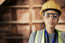 Portrait Of Architecture, Building And Construction Worker Working On Real Estate Construction Project Or Development Site. Maintainance Job Contractor, Urban Builder And Serious Black Woman Engineer