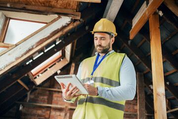 Poster - Tablet, construction and building with a man engineer working online on a building site from below. Construction worker, architect and industry with a male technician planning design while at work