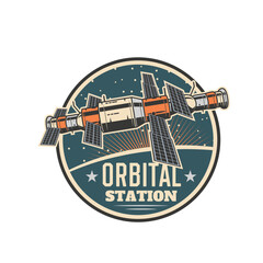 Poster - Cosmodrome icon, orbital station spaceship in outer space, galaxy research satellite, vector symbol. Lunar mission and planets discovery spaceflight, galaxy exploration on Moon or Mars orbit