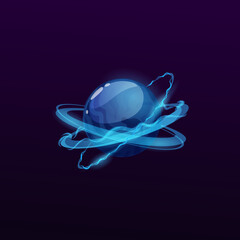 Poster - Blue glossy space planet with lightnings rings. Sci-Fi game user interface vector icon with cartoon fantastic planet. Alien home world, satellite or planet with electricity discharges in atmosphere
