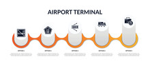 Set Of Airport Terminal Filled Icons With Infographic Template. Flat Icons Such As No Smoking, Telephone, Lifeboat, Trailer Truck, Luggage Security Vector.