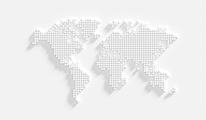 Poster - Digital world map isolated on white technology 3d background of illustration earth planet global geography travel design or creative art globe shape graphic wallpaper and modern communication concept.