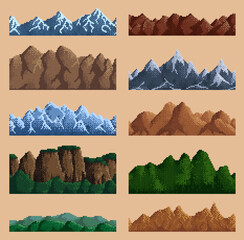 Poster - 8bit pixel game mountains and hills. Vintage console, indie pixel game level design mountain landscape land vector asset, 8bit arcade rock backgrounds with snow peaks, dessert canyon and jungles