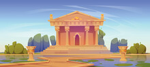 Greek Or Roman Temple Building, Ancient Architecture With Columns And Pediment. Summer Landscape With Antique Palace With Pillars And Road Through Lake, Vector Cartoon Illustration