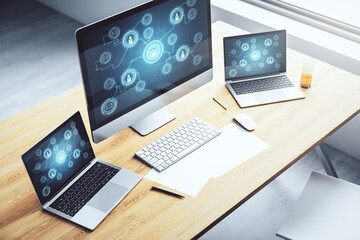 Poster - Modern computer screen with social network media concept. 3D Rendering