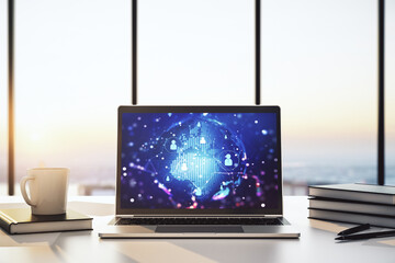 Poster - Social network concept with world map on modern laptop screen. 3D Rendering