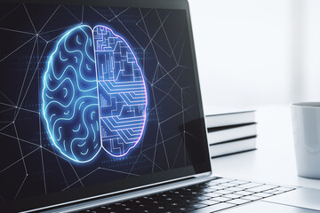 Aufkleber - Creative artificial Intelligence concept with human brain sketch on modern laptop monitor. 3D Rendering