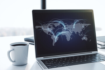 Poster - Modern computer monitor with abstract digital world map with connections, research and strategy concept. 3D Rendering