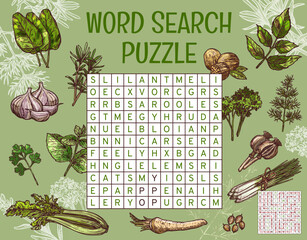 Wall Mural - Herbs, spices and seasonings. Word search puzzle game worksheet. Quiz grid, text puzzle or sketch vector words finding riddle with sorrel, cilantro and savory, horseradish, melisa, coriander, garlic