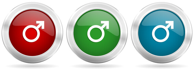 Fototapete - Male vector icon set. Red, blue and green silver metallic web buttons with chrome border