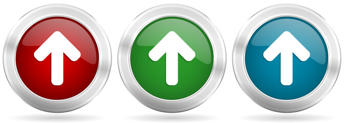 Aufkleber - Up arrow, upload vector icon set. Red, blue and green silver metallic web buttons with chrome border