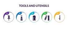 Set Of Tools And Utensils Filled Icons With Infographic Template. Flat Icons Such As School Push Pin, Pepper Container, Charged Battery, Edit Tools, Tattoo Vector.