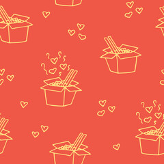 Wall Mural - noodle in a box, chopsticks and steam with hearts seamless pattern hand drawn in doodle style.