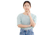 Beautiful young Asian girl thinking and looking upwards. The concept of content thinks about future. PNG file format transparent background.
