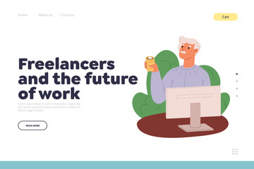 Wall Mural - Freelancer future of work concept of landing page with man freelance worker at comfortable workplace