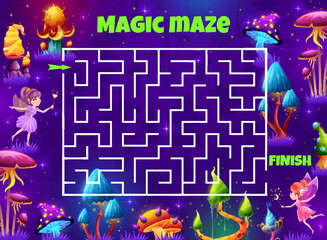 Aufkleber - Labyrinth maze game. Magic mushrooms in fairy forest. Preschool kids maze game, children labyrinth quiz vector worksheet or searching path riddle with pixie or fairy, luminous fantasy mushrooms