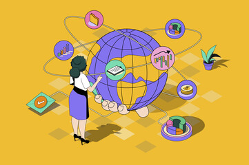 Aufkleber - Global business web concept in 3d isometric design. Woman works and develops international company, sets tasks for employees and expands business. Web illustration with people isometry scene