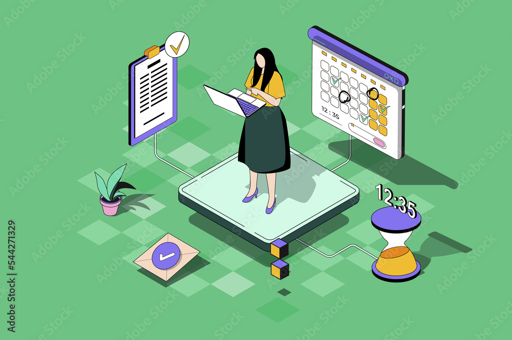 Time management web concept in 3d isometric design. Woman planning work ...