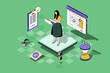 © alexdndz - Time management web concept in 3d isometric design. Woman planning work tasks and daily activities using checklists, calendar and programs at laptop. Web illustration with people isometry scene