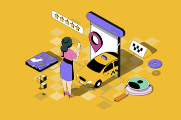 Poster - Taxi booking web concept in 3d isometric design. Woman holding smartphone with taxi application, ordering car with top rating and tracking online. Web illustration with people isometry scene