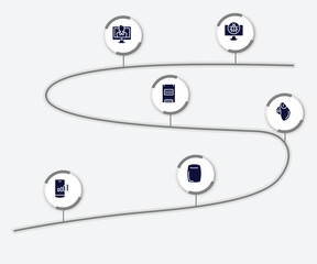 Poster - infographic element with electronic filled icons. included cracker, talk show, solid state drive, trackball, mobile network, homepod vector.