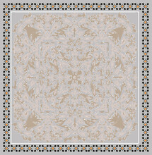 Vector Carpet Print On A Beige Floral Damask  Pattern Background. Fashionable  Classical Flowers Borders, Baroque Fantasy Botanical Florals Frame. Scarf, Shawl, Rug Art Design Textile Printing