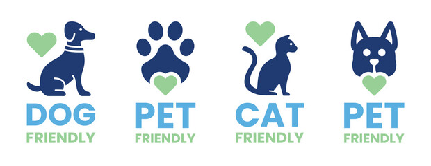 Dog and cat pets friendly icon set. Sign symbol of pets allowed and accepted. Label vector illustration.