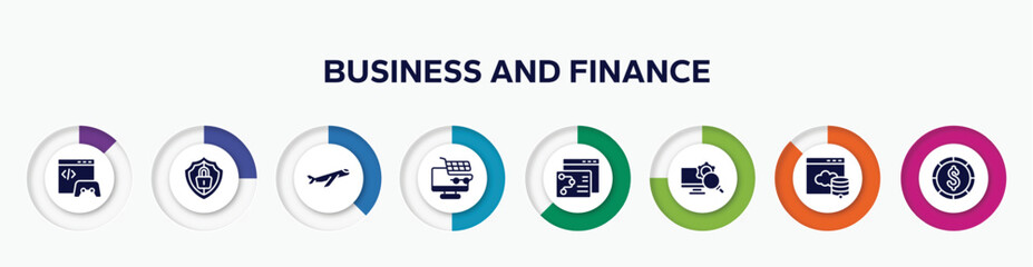 Poster - infographic element with business and finance filled icons. included game developing, big protection shield, inclined airplane, e commerce, seo strategy, monitoring system, web server, big dollar