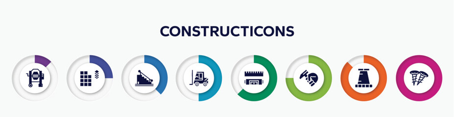 Wall Mural - infographic element with constructicons filled icons. included concrete mixer tool, tiles detail of construction, stairs with handle, forklift tool, rule and level, hammer in hand, road stopper, two