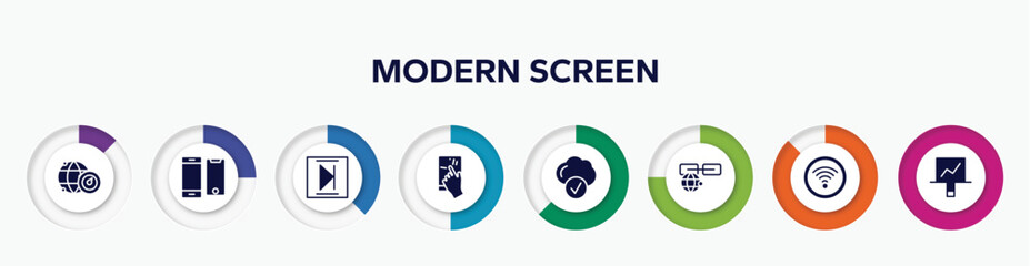 Poster - infographic element with modern screen filled icons. included internet connection speed, screens modern variety, media end, touch, connected clouds, link on internet, wifi connection to internet,