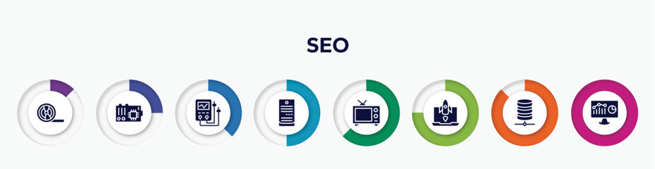 Poster - infographic element with seo filled icons. included magnetic tape, mainboard, diagtic tool, computer server, broadcasting, missile, network server, web analytics vector.