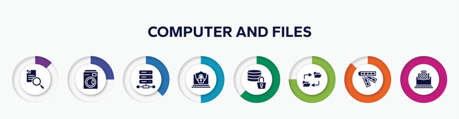 Poster - infographic element with computer and files filled icons. included search file, electric appliances, web hosting, internet security, data encryption, data synchronization, color scheme, cam vector.