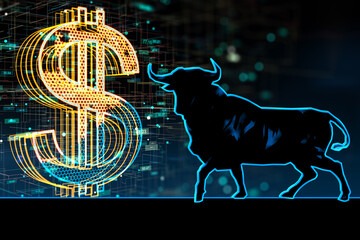 Poster - Going high dollar market and bullish trend concept with digital bull silhouette on dark blue background, trading and investing concept. 3D rendering