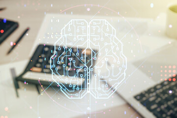 Poster - Double exposure of creative artificial Intelligence interface on blurry calculator with laptop background. Neural networks and machine learning concept