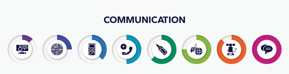 Poster - infographic element with communication filled icons. included online interview, radar, audio recorder, emergency call, message in a bottle, online game, air pump, bubble chat vector.