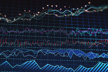 Aufkleber - Candle stick grid graph chart of stock market investment trading. Bullish point, Bearish point and financial growth concept. Blurry night city background. Double exposure.