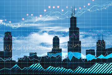 Aufkleber - Candle stick grid graph chart of stock market investment trading. Bullish point, Bearish point and financial growth concept. Blurry city backdrop. Double exposure.