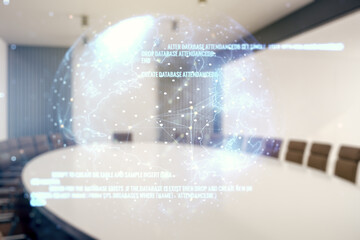 Aufkleber - Multi exposure of abstract creative coding sketch and world map on a modern conference room background, artificial intelligence and neural networks concept