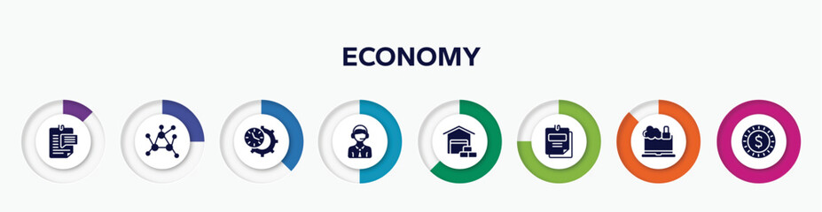 Poster - infographic element with economy filled icons. included enquiry, decentralized, time management, online support, wholesaler, taxes, cybercrime, dollar coin vector.