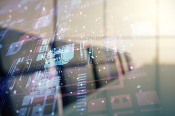 Aufkleber - Double exposure of abstract programming language interface on a modern meeting room background, research and development concept