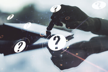 Aufkleber - Creative concept of question mark illustration and finger clicks on a digital tablet on background. FAQ and search concept. Multiexposure