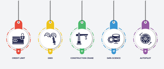 Poster - infographic element template with general filled icons such as credit limit, gmo, construction crane, data science, autopilot vector.