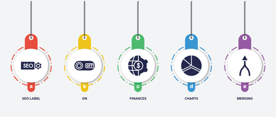 Poster - infographic element template with statistic collection filled icons such as seo label, on, finances, charts, merging vector.