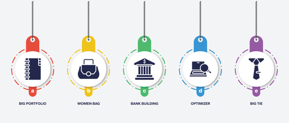 Poster - infographic element template with business and finance filled icons such as big portfolio, women bag, bank building, optimizer, big tie vector.
